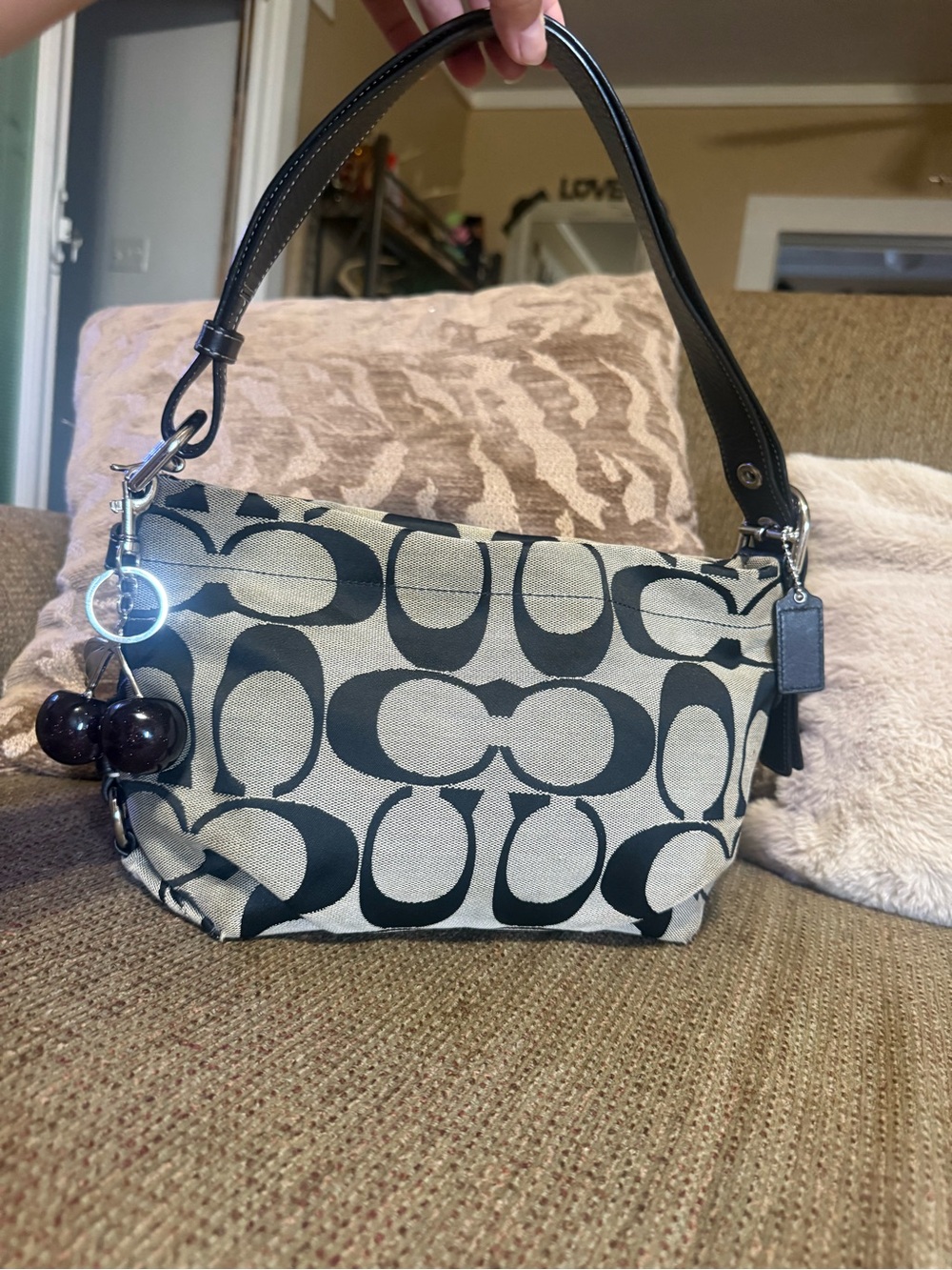 Coach Signature Small Shoulder Bag in Black/Tan Cherries not included